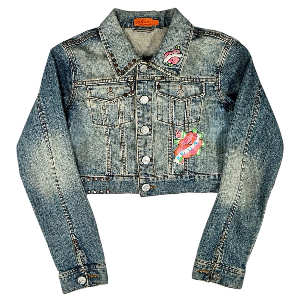 J2 Jean Cute Patch Embroidered Cropped Denim Women's Blazer Jacket Size XL